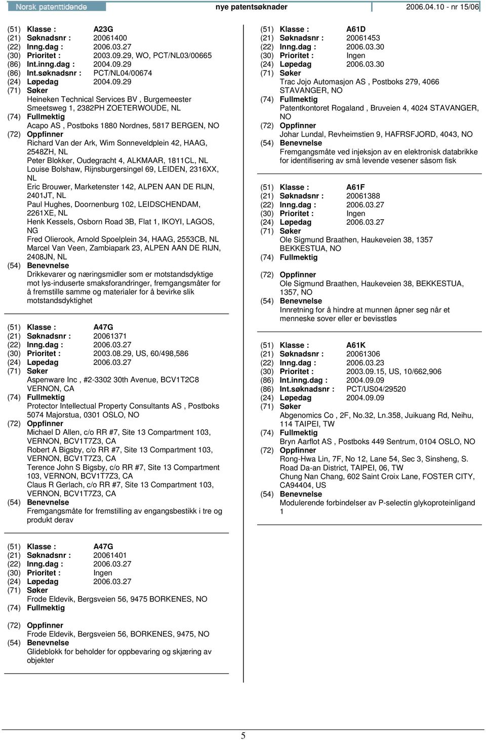 29 Heineken Technical Services BV, Burgemeester Smeetsweg 1, 2382PH ZOETERWOUDE, NL Acapo AS, Postboks 1880 Nordnes, 5817 BERGEN, Richard Van der Ark, Wim Sonneveldplein 42, HAAG, 2548ZH, NL Peter