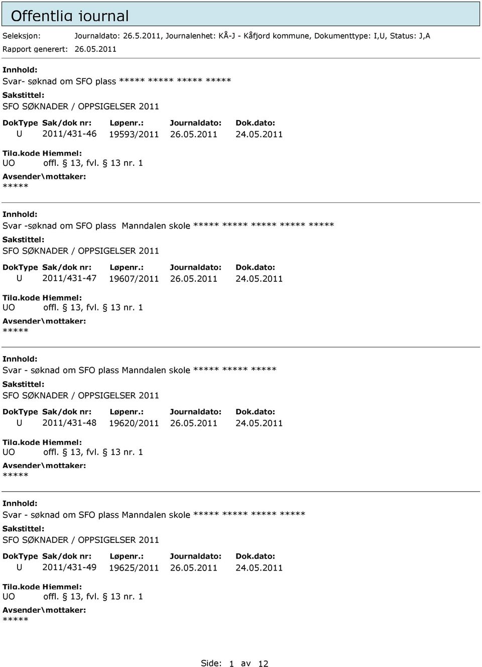 2011 2011/431-46 19593/2011 Svar -søknad om SFO plass Manndalen skole SFO SØKNADER / OPPSGELSER 2011 2011/431-47 19607/2011