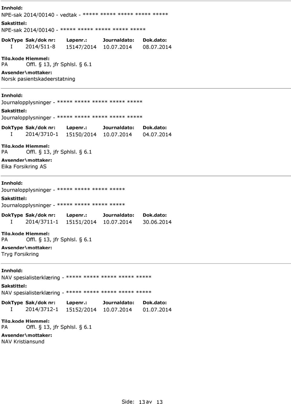 2014 Journalopplysninger - Journalopplysninger - A 2014/3711-1 15151/2014 Tryg Forsikring 30.06.