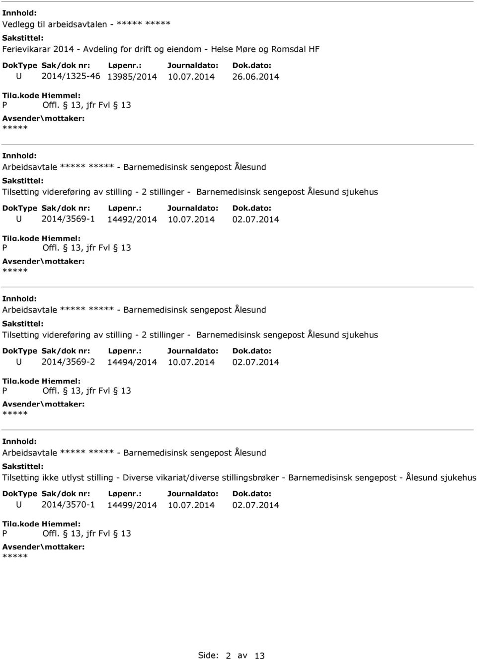 14492/2014 Arbeidsavtale - Barnemedisinsk sengepost Ålesund Tilsetting videreføring av stilling - 2 stillinger - Barnemedisinsk sengepost Ålesund sjukehus 2014/3569-2