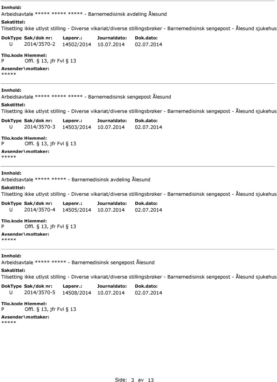 Arbeidsavtale - Barnemedisinsk avdeling Ålesund Tilsetting ikke utlyst stilling - Diverse vikariat/diverse stillingsbrøker - Barnemedisinsk sengepost - Ålesund sjukehus 2014/3570-4 14505/2014