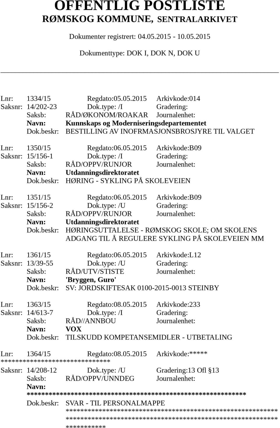 beskr: HØRING - SYKLING PÅ SKOLEVEIEN Lnr: 1351/15 Regdato:06.05.2015 Arkivkode:B09 Saksnr: 15/156-2 Dok.type: /U Gradering: Dok.