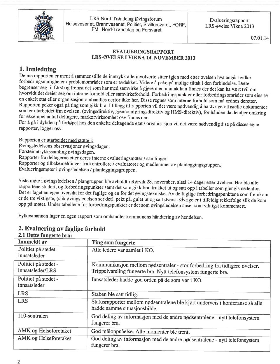 Innledning EVALUERINGSRAPPORT LRS-ØVELSE I VIKNA 14. NOVEMBER 2013 07.0 1.