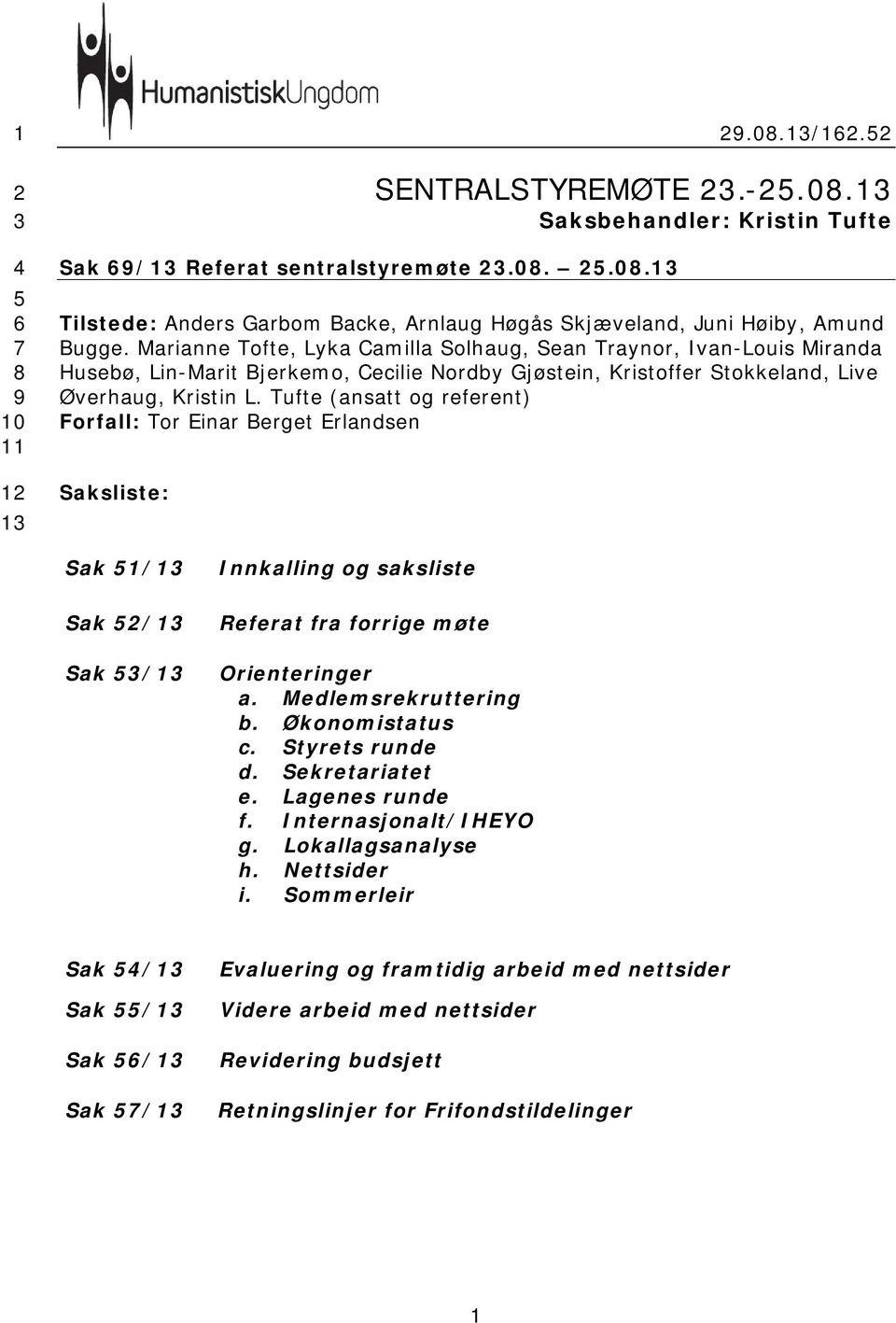 Tufte (ansatt og referent) Forfall: Tor Einar Berget Erlandsen Saksliste: Sak 51/13 Sak 52/13 Sak 53/13 Innkalling og saksliste Referat fra forrige møte Orienteringer a. Medlemsrekruttering b.