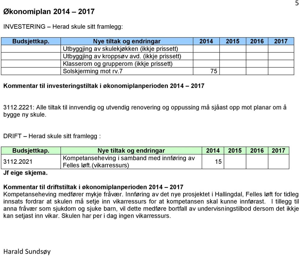 2221: Alle tiltak til innvendig og utvendig renovering og oppussing må sjåast opp mot planar om å bygge ny skule. DRIFT Herad skule sitt framlegg : Budsjettkap.