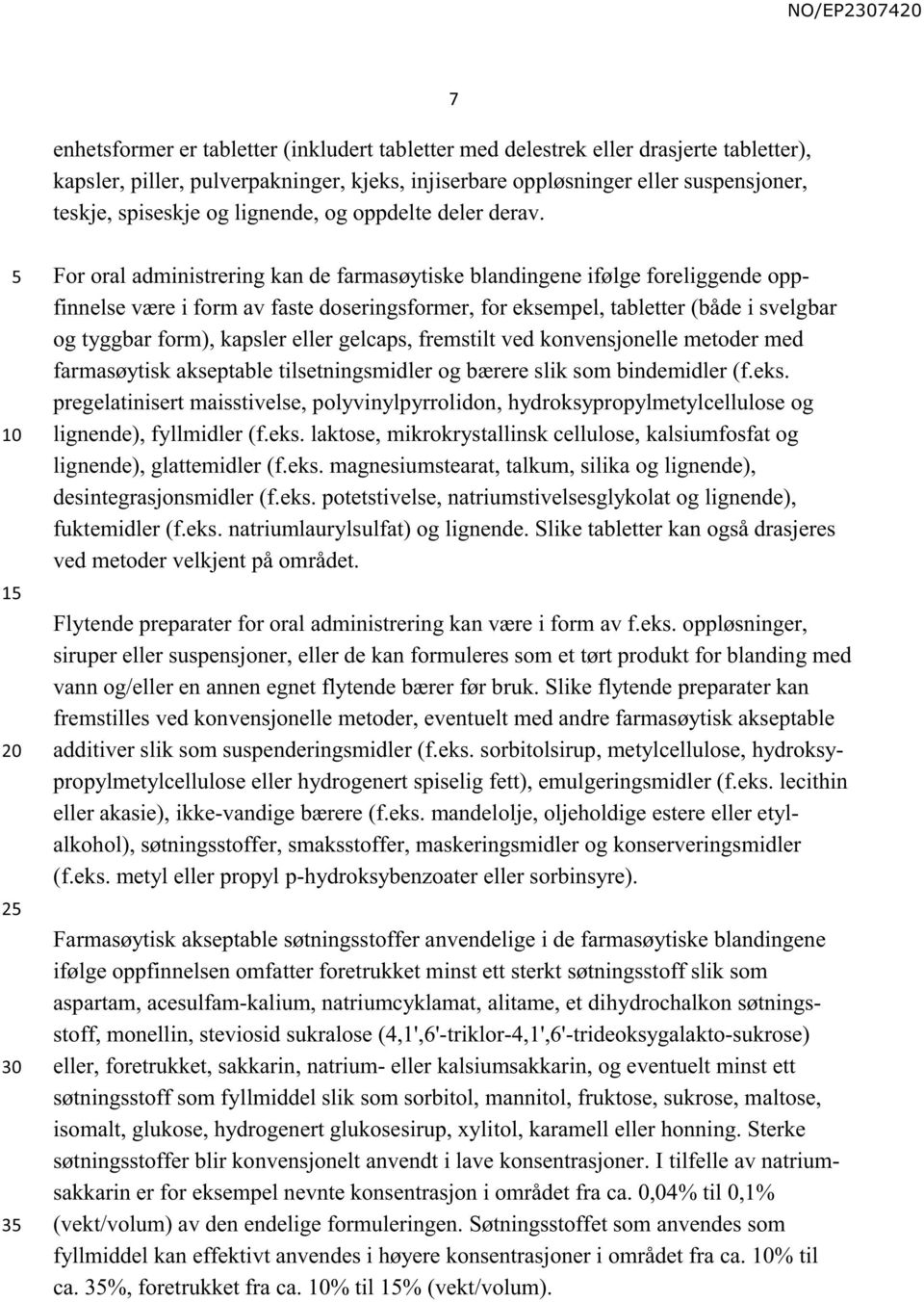 7 1 2 30 3 For oral administrering kan de farmasøytiske blandingene ifølge foreliggende oppfinnelse være i form av faste doseringsformer, for eksempel, tabletter (både i svelgbar og tyggbar form),