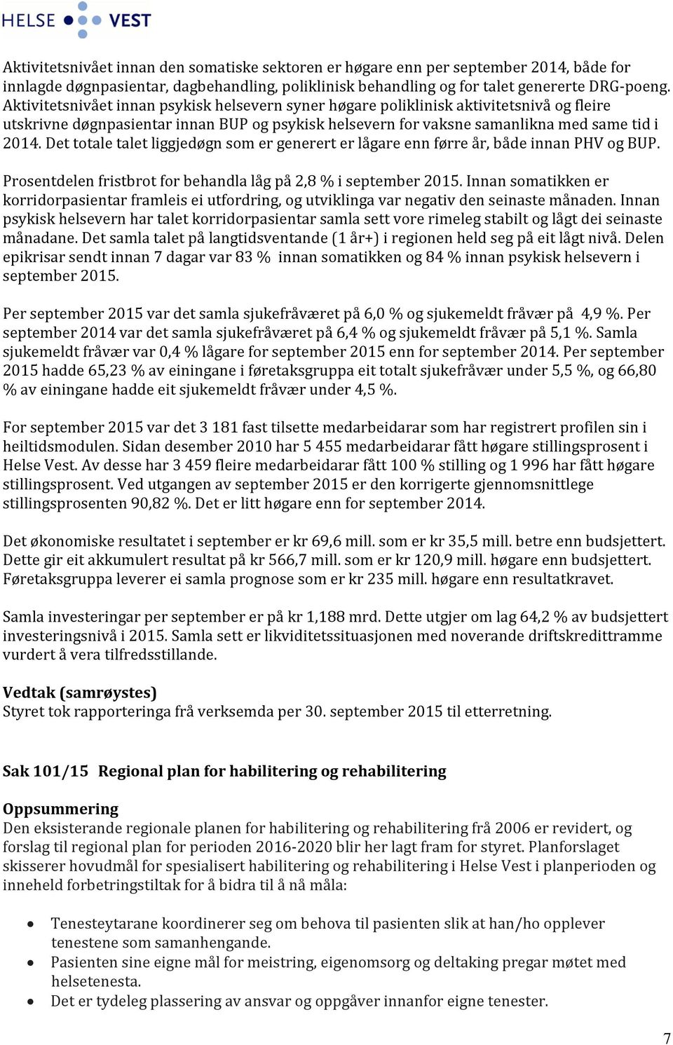 Det totale talet liggjedøgn som er generert er lågare enn førre år, både innan PHV og BUP. Prosentdelen fristbrot for behandla låg på 2,8 % i september 2015.