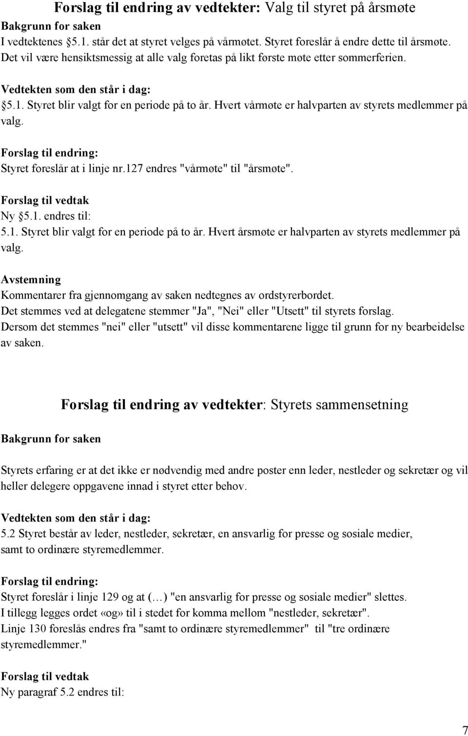 Hvert vårmøte er halvparten av styrets medlemmer på valg. Forslag til endring: Styret foreslår at i linje nr.127 endres "vårmøte" til "årsmøte". Forslag til vedtak Ny 5.1. endres til: 5.1. Styret blir valgt for en periode på to år.