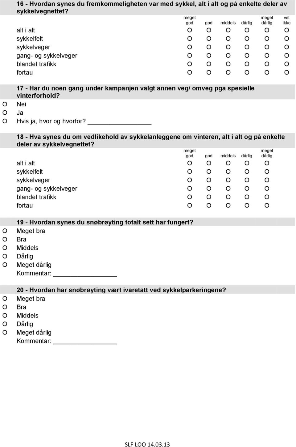 omveg pga spesielle vinterforhold? Hvis ja, hvor og hvorfor? 18 - Hva synes du om vedlikehold av sykkelanleggene om vinteren, alt i alt og på enkelte deler av sykkelvegnettet?