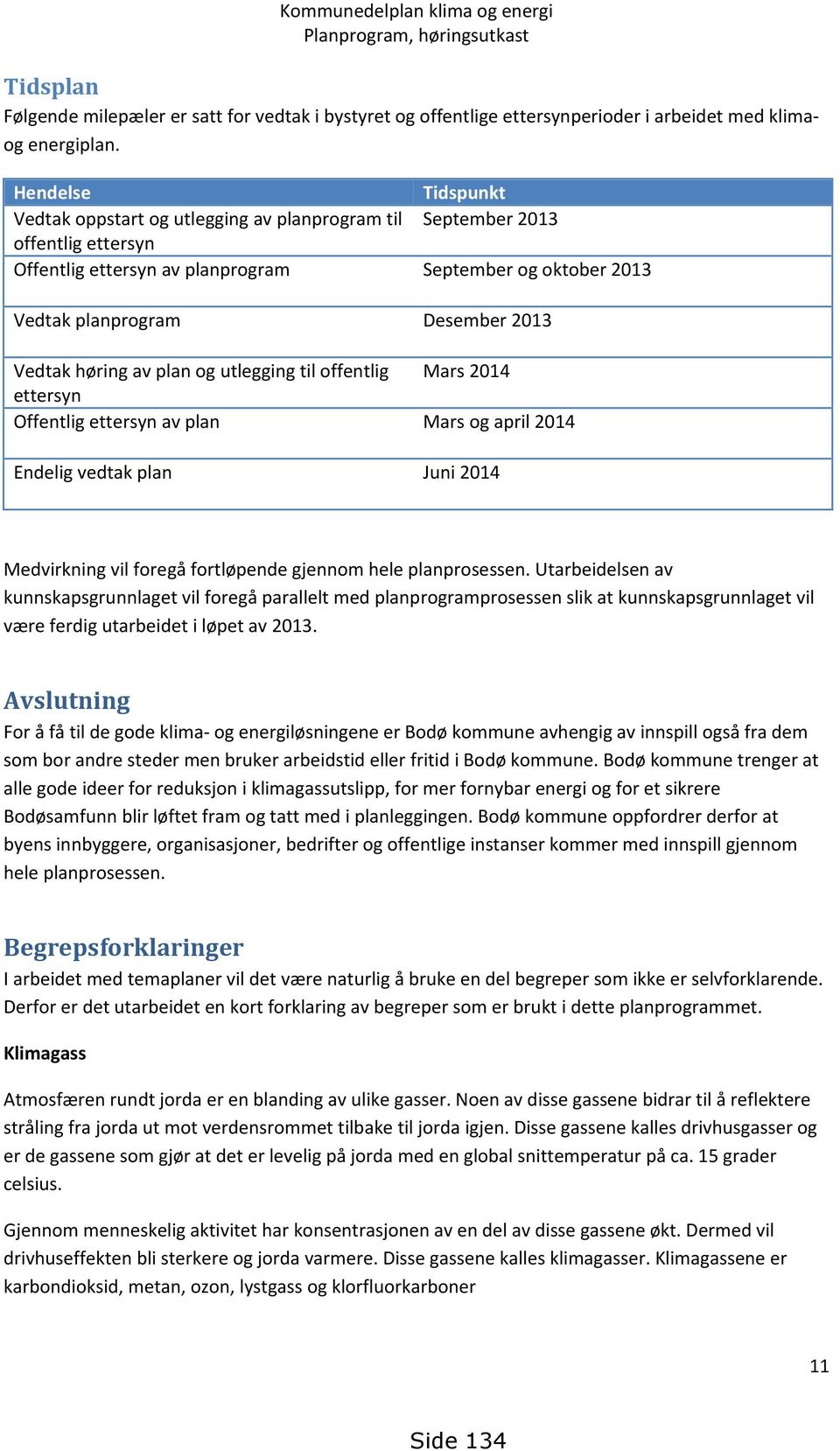 Vedtak høring av plan og utlegging til offentlig Mars 2014 ettersyn Offentlig ettersyn av plan Mars og april 2014 Endelig vedtak plan Juni 2014 Medvirkning vil foregå fortløpende gjennom hele