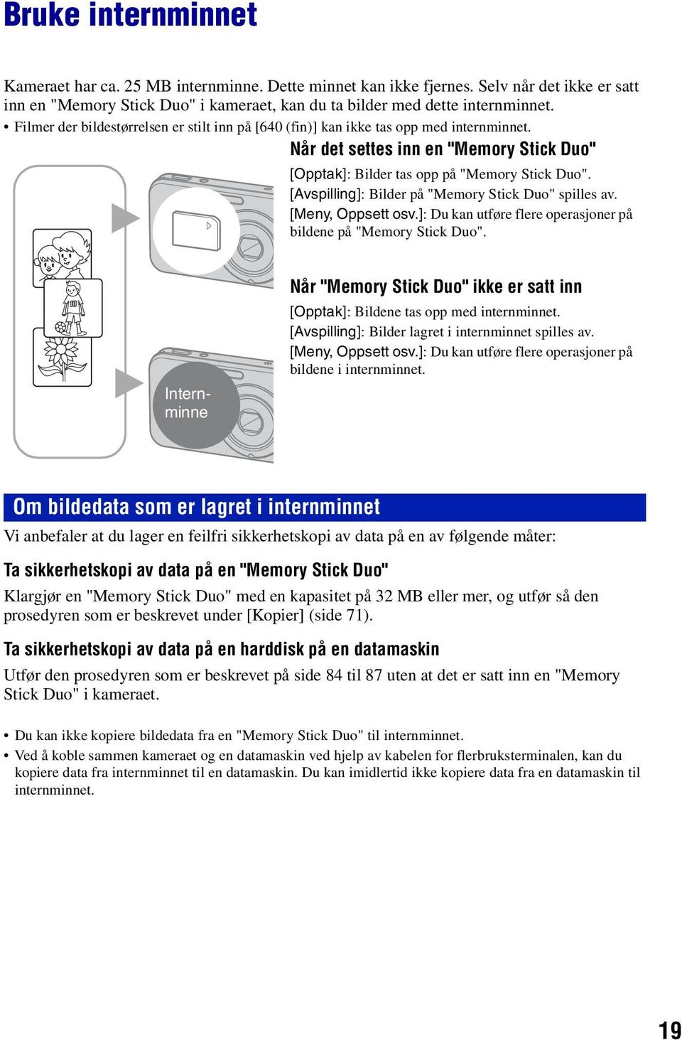 [Avspilling]: Bilder på "Memory Stick Duo" spilles av. [Meny, Oppsett osv.]: Du kan utføre flere operasjoner på bildene på "Memory Stick Duo".