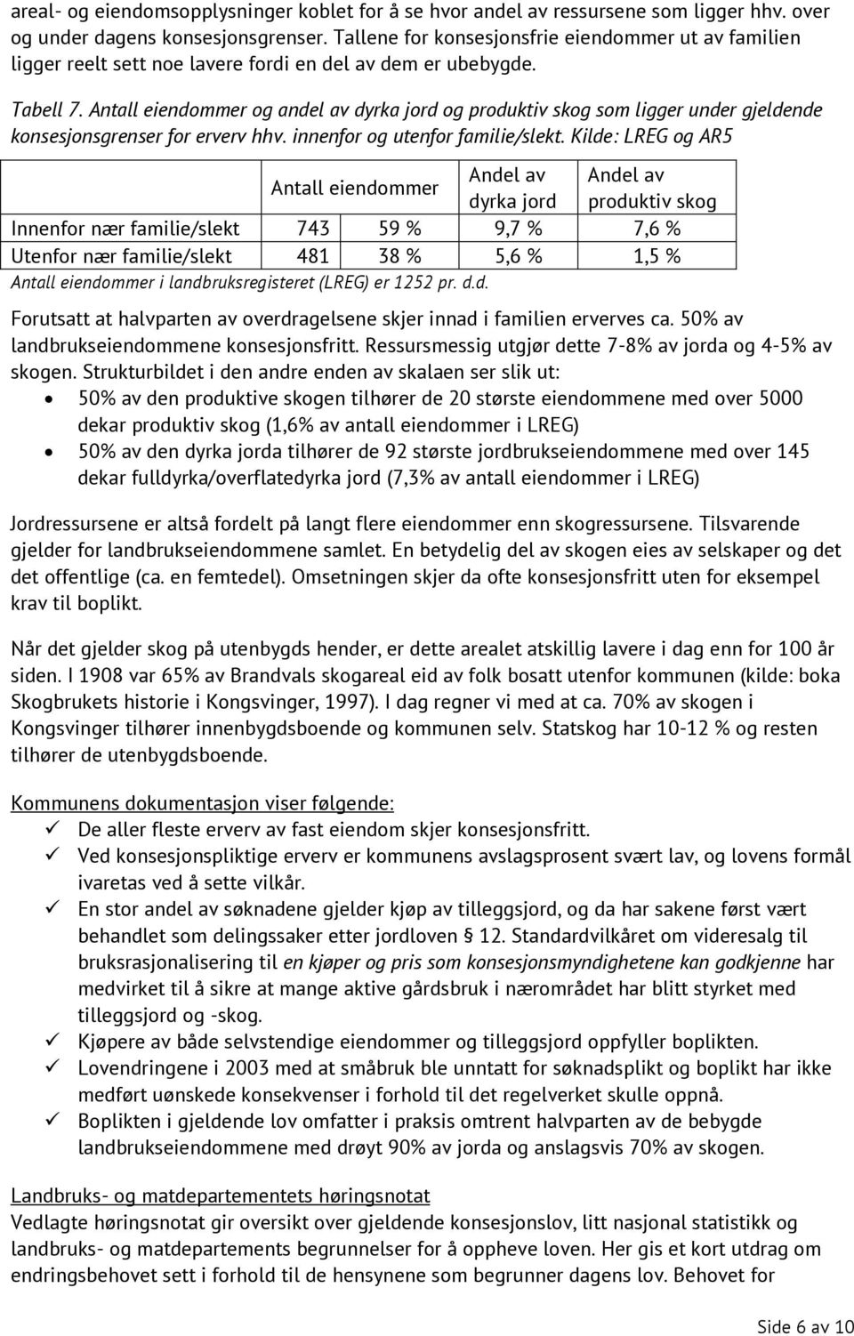 Antall eiendommer og andel av dyrka jord og produktiv skog som ligger under gjeldende konsesjonsgrenser for erverv hhv. innenfor og utenfor familie/slekt.