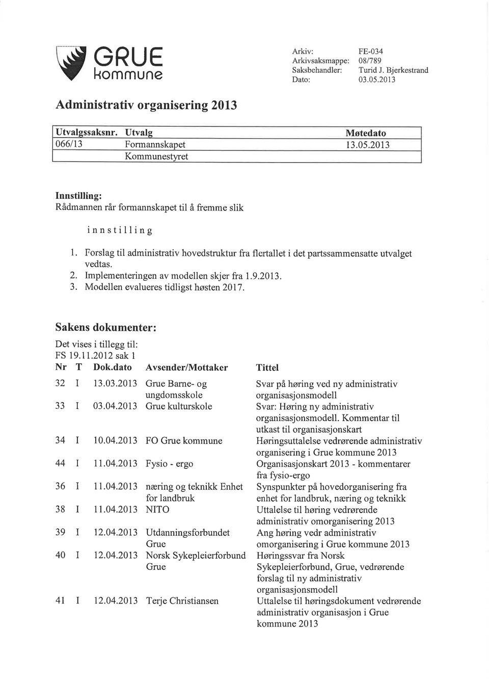 Forslag til administrativ hovedstruktur fra flertallet i det partssammensatte utvalget vedtas. 2. Implementeringen av modellen skjer fra 1.9.2013. 3. Modellen evalueres tidligst høsten 2017.