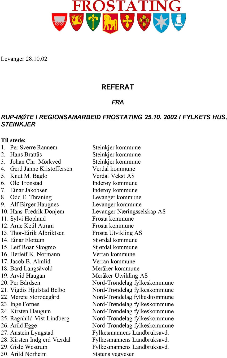 Thraning Levanger kommune 9. Alf Birger Haugnes Levanger kommune 10. Hans-Fredrik Donjem Levanger Næringsselskap AS 11. Sylvi Hopland Frosta kommune 12. Arne Ketil Auran Frosta kommune 13.