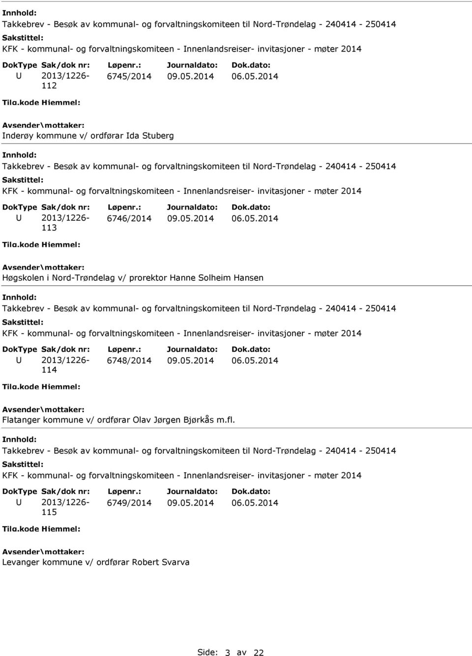 møter 2014 113 6746/2014 Høgskolen i Nord-Trøndelag v/ prorektor Hanne Solheim Hansen Takkebrev - Besøk av kommunal- og forvaltningskomiteen til Nord-Trøndelag - 240414-250414 KFK - kommunal- og