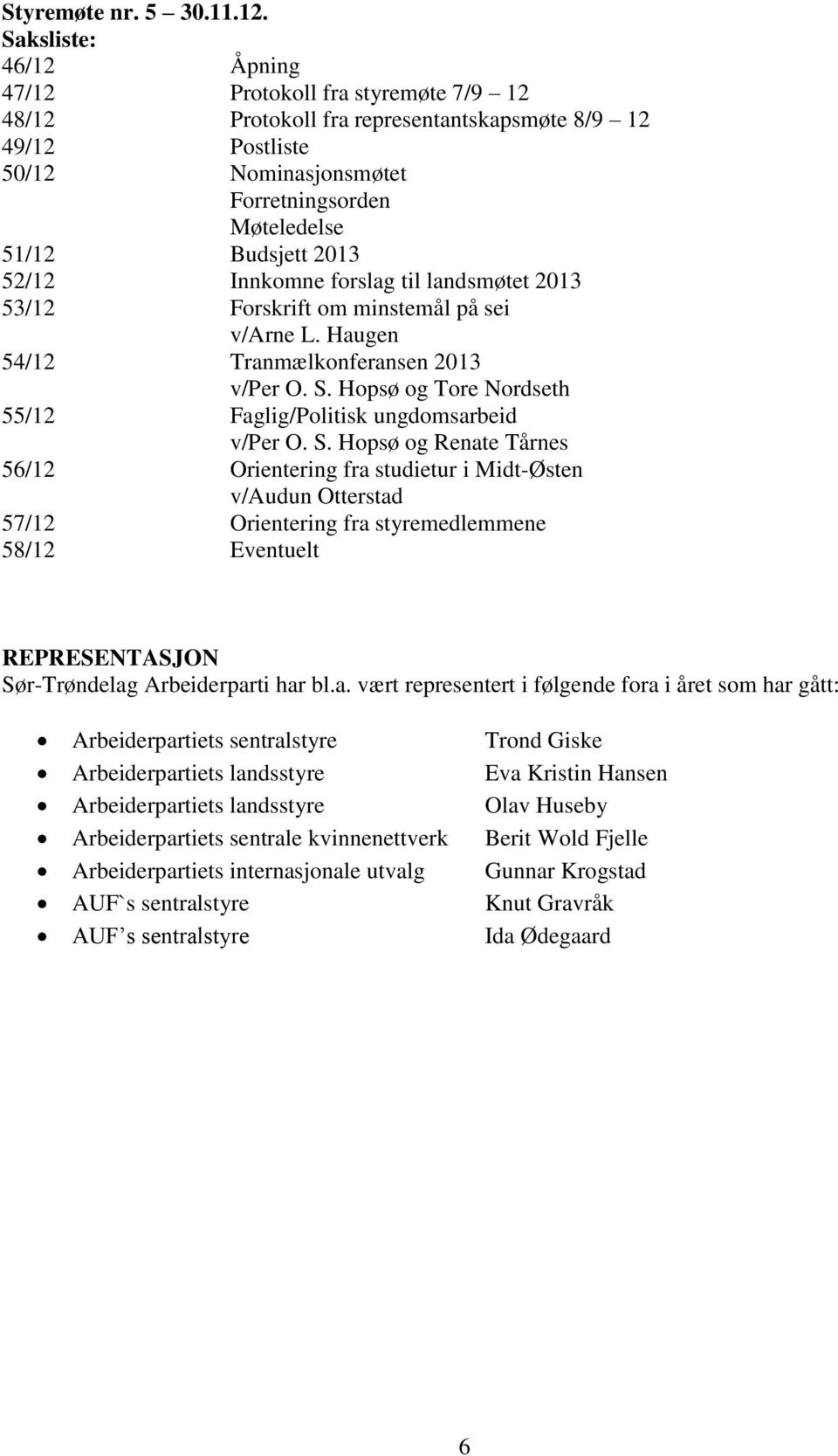 52/12 Innkomne forslag til landsmøtet 2013 53/12 Forskrift om minstemål på sei v/arne L. Haugen 54/12 Tranmælkonferansen 2013 v/per O. S.