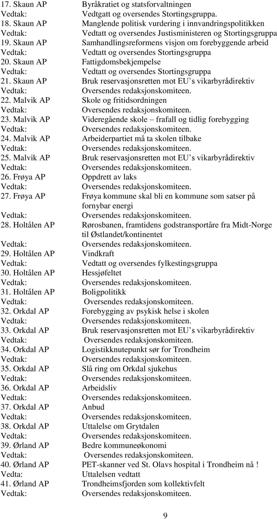 Skaun AP Samhandlingsreformens visjon om forebyggende arbeid Vedtatt og oversendes Stortingsgruppa 20. Skaun AP Fattigdomsbekjempelse Vedtatt og oversendes Stortingsgruppa 21.