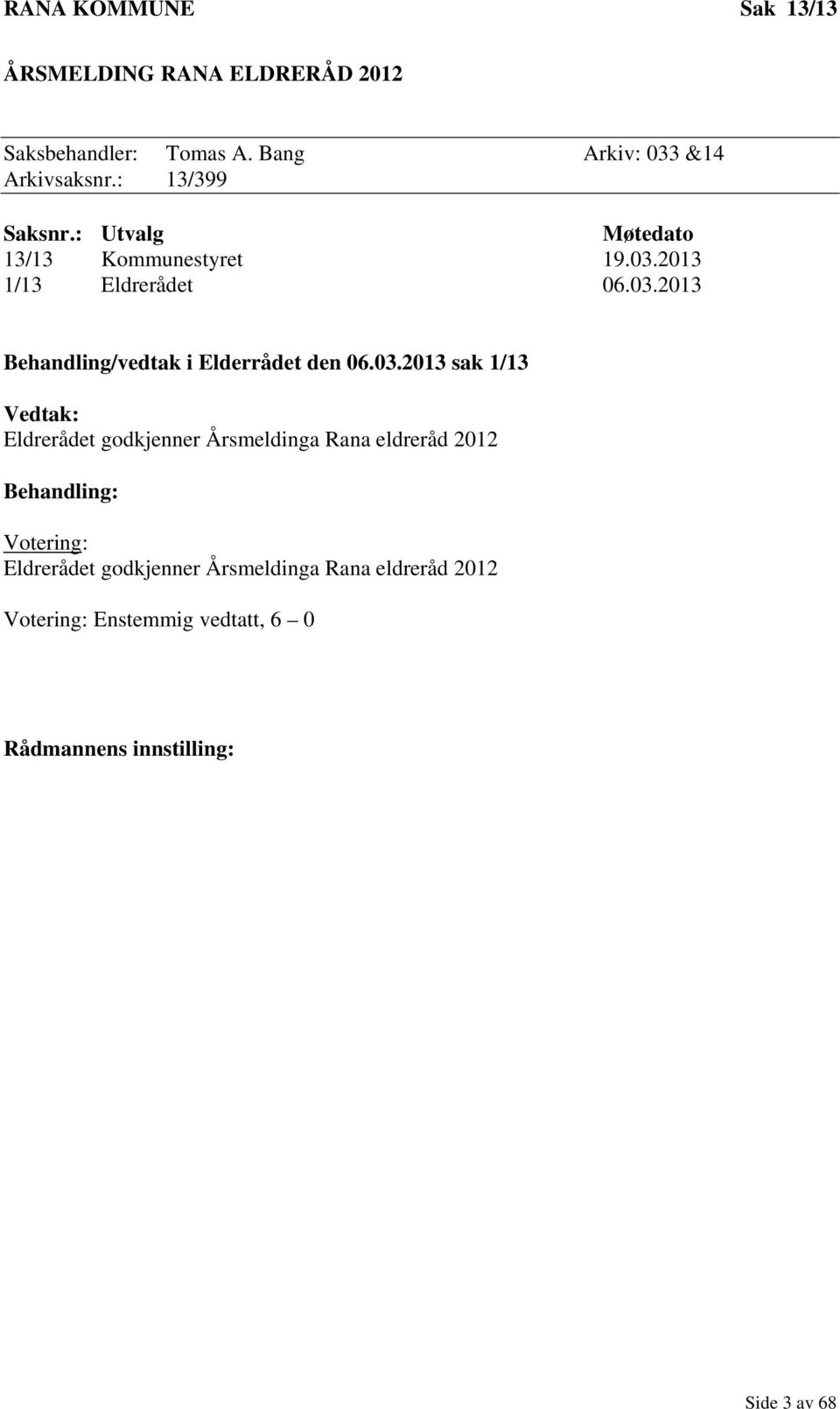 03.2013 sak 1/13 Vedtak: Eldrerådet godkjenner Årsmeldinga Rana eldreråd 2012 Behandling: Votering: Eldrerådet