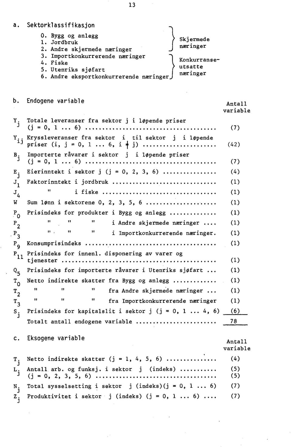 1 6, i f j) (42) B Importerte råvarer i sektor lopende priser 3 (j =, 1 6) (7) E Eierinntekt i sektor i (j =, 2, 3, 6) (4) J 1 Faktorinntekt i jordbruk (1) J 4 i fiske (1) W Sum lonn i sektorene, 2,