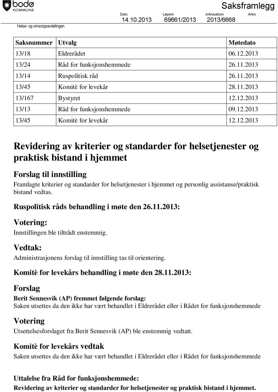 12.2013 13/13 Råd for funksjonshemmede 09.12.2013 13/45 Komitè for levekår 12.12.2013 Revidering av kriterier og standarder for helsetjenester og praktisk bistand i hjemmet Forslag til innstilling