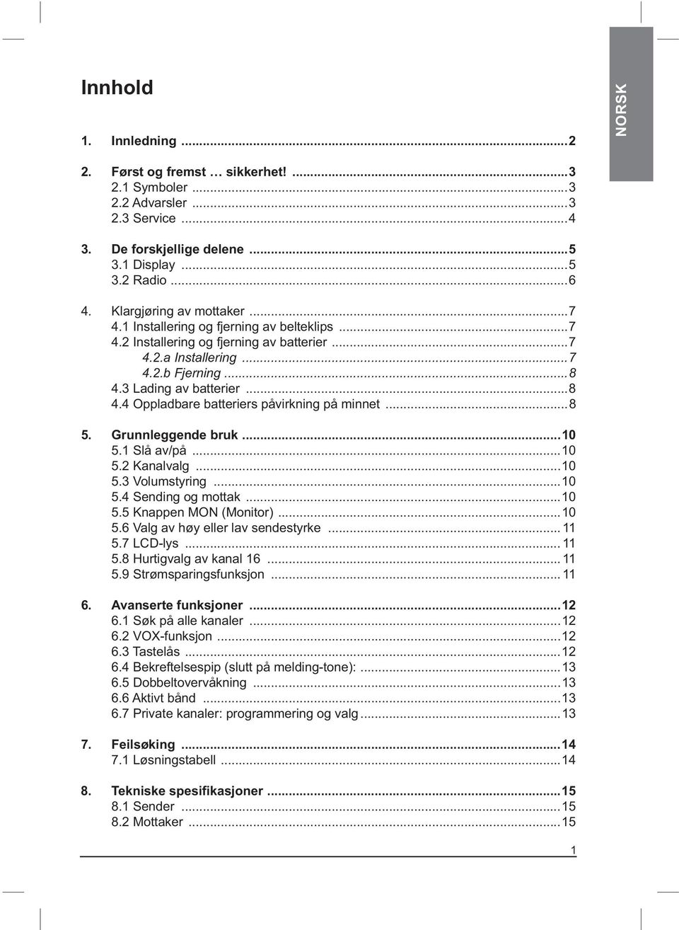 3 Lading av batterier...8 4.4 Oppladbare batteriers påvirkning på minnet...8 5. Grunnleggende bruk...10 5.1 Slå av/på...10 5.2 Kanalvalg...10 5.3 Volumstyring...10 5.4 Sending og mottak...10 5.5 Knappen MON (Monitor).