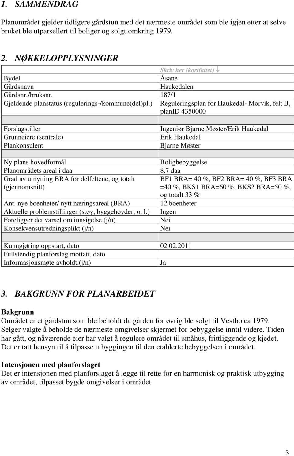 ) Reguleringsplan for Haukedal- Morvik, felt B, planid 4350000 Forslagstiller Grunneiere (sentrale) Plankonsulent Ny plans hovedformål Planområdets areal i daa Grad av utnytting BRA for delfeltene,