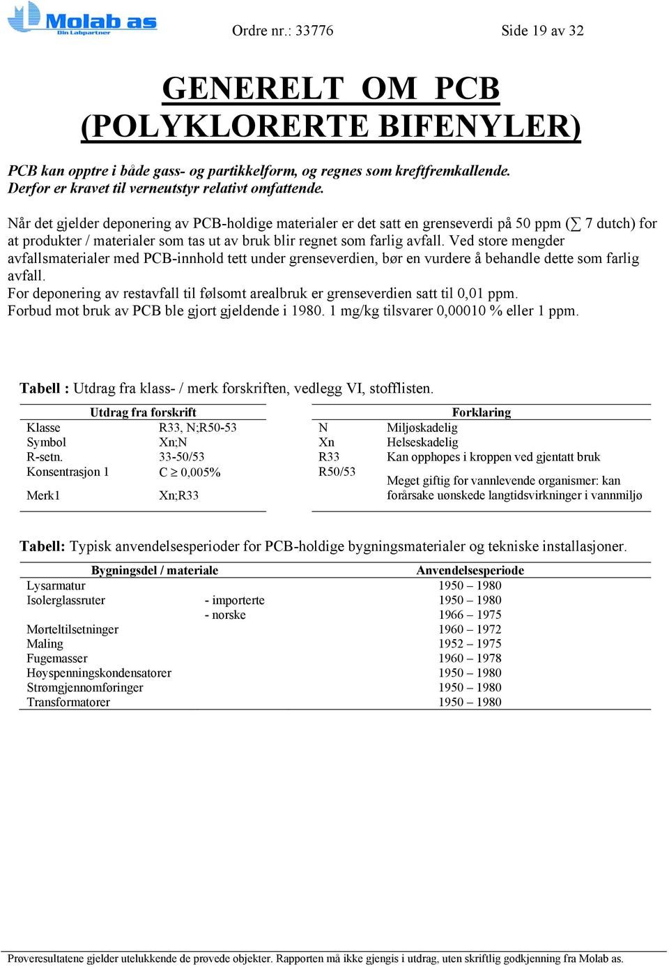 Når det gjelder deponering av PCB-holdige materialer er det satt en grenseverdi på 50 ppm ( 7 dutch) for at produkter / materialer som tas ut av bruk blir regnet som farlig avfall.