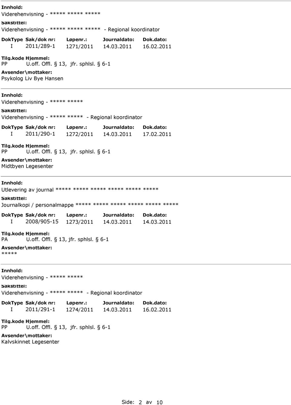 nnhold: Utlevering av journal ***** ***** ***** ***** ***** ***** Journalkopi / personalmappe ***** ***** ***** ***** ***** *****