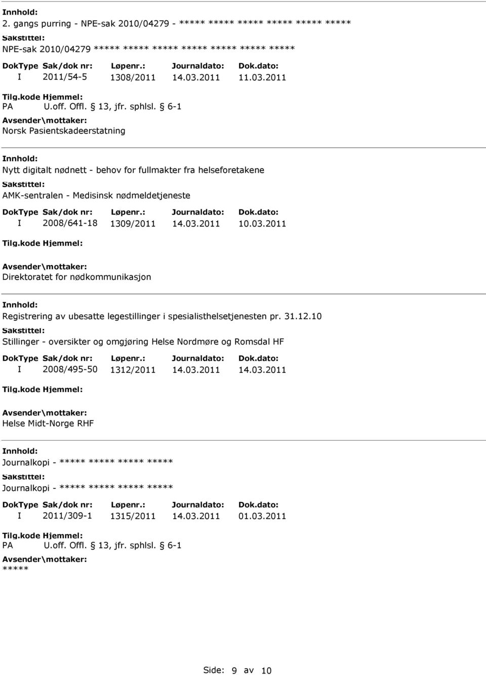 2011 Direktoratet for nødkommunikasjon nnhold: Registrering av ubesatte legestillinger i spesialisthelsetjenesten pr. 31.12.