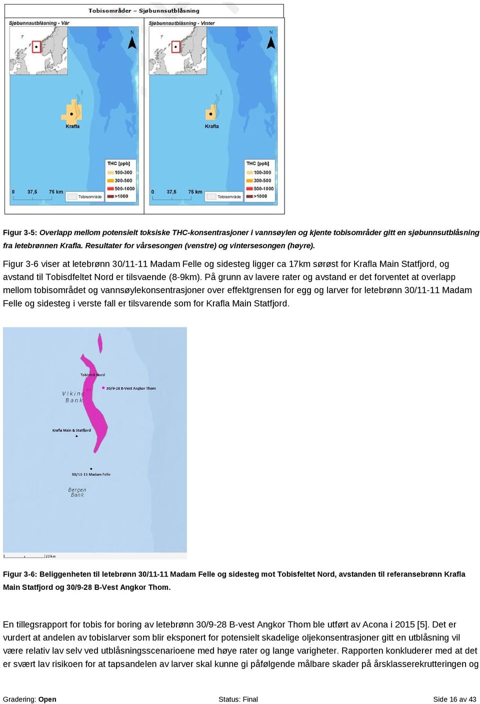 Figur 3-6 viser at letebrønn 30/11-11 Madam Felle og sidesteg ligger ca 17km sørøst for Krafla Main Statfjord, og avstand til Tobisdfeltet Nord er tilsvaende (8-9km).