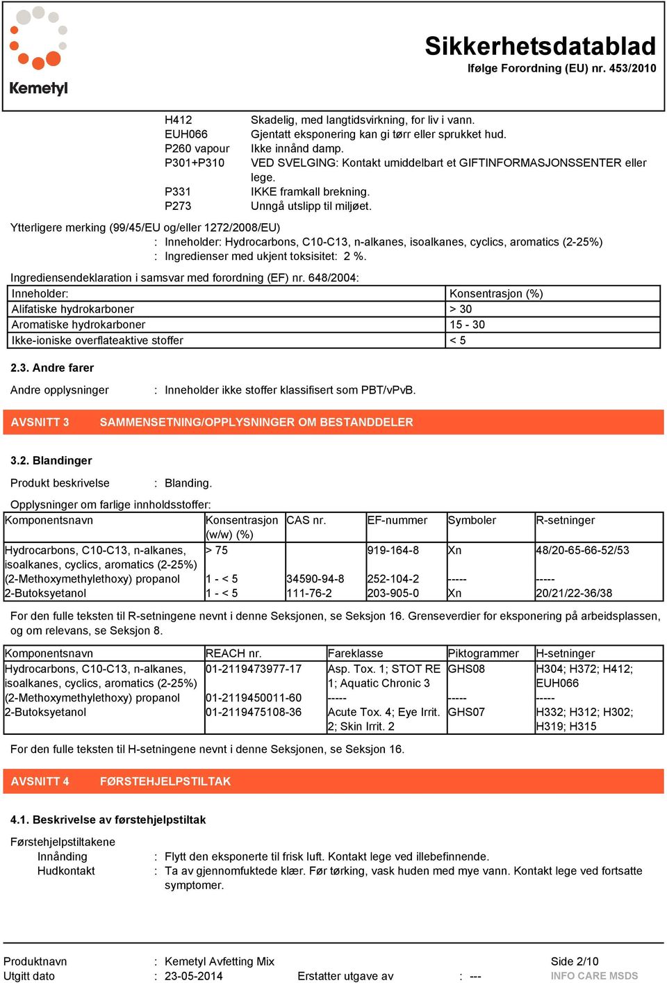 Ytterligere merking (99/45/EU og/eller 1272/2008/EU) : Inneholder: Hydrocarbons, C10-C13, n-alkanes, : Ingredienser med ukjent toksisitet: 2 %.