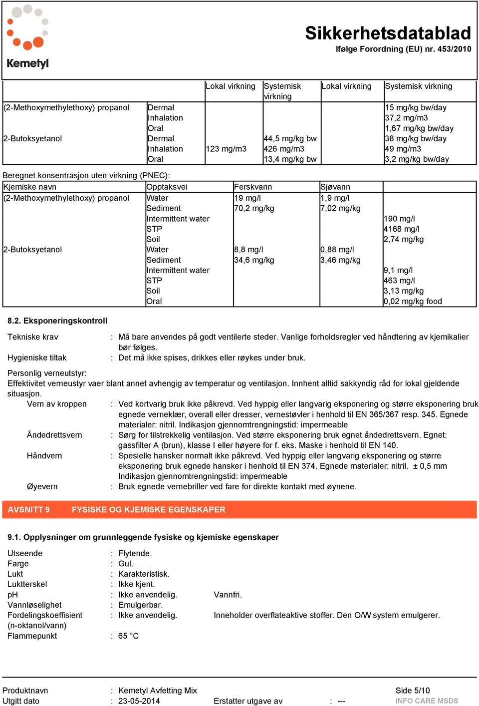 (2-Methoxymethylethoxy) propanol Water 19 mg/l 1,9 mg/l Sediment 70,2 mg/kg 7,02 mg/kg Intermittent water STP Soil 2-Butoksyetanol Water 8,8 mg/l 0,88 mg/l Sediment 34,6 mg/kg 3,46 mg/kg Intermittent