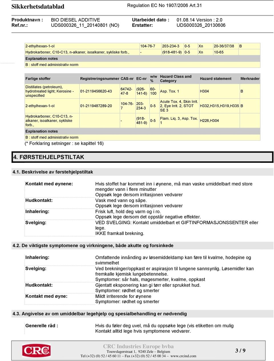 01-2119456620-43 2-ethylhexan-1-ol 01-2119487289-20 Hydrokarboner, C10-C13, n- alkaner, isoalkaner, sykliske forb.