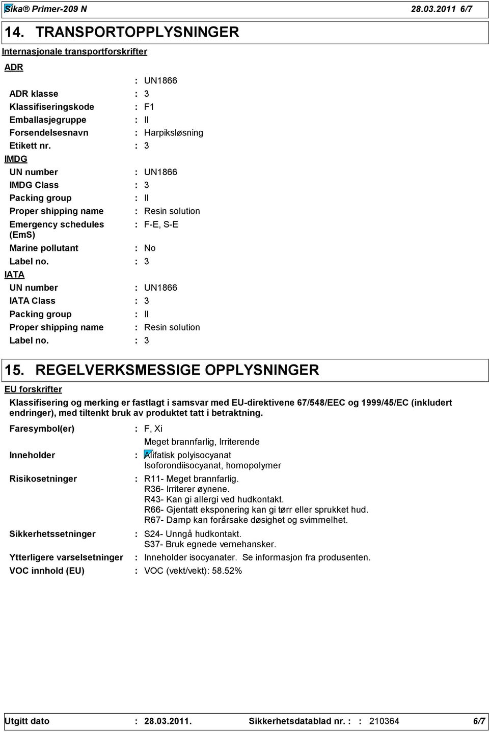 UN1866 F1 II Harpiksløsning UN1866 II Resin solution F-E, S-E No UN1866 II Resin solution 15.
