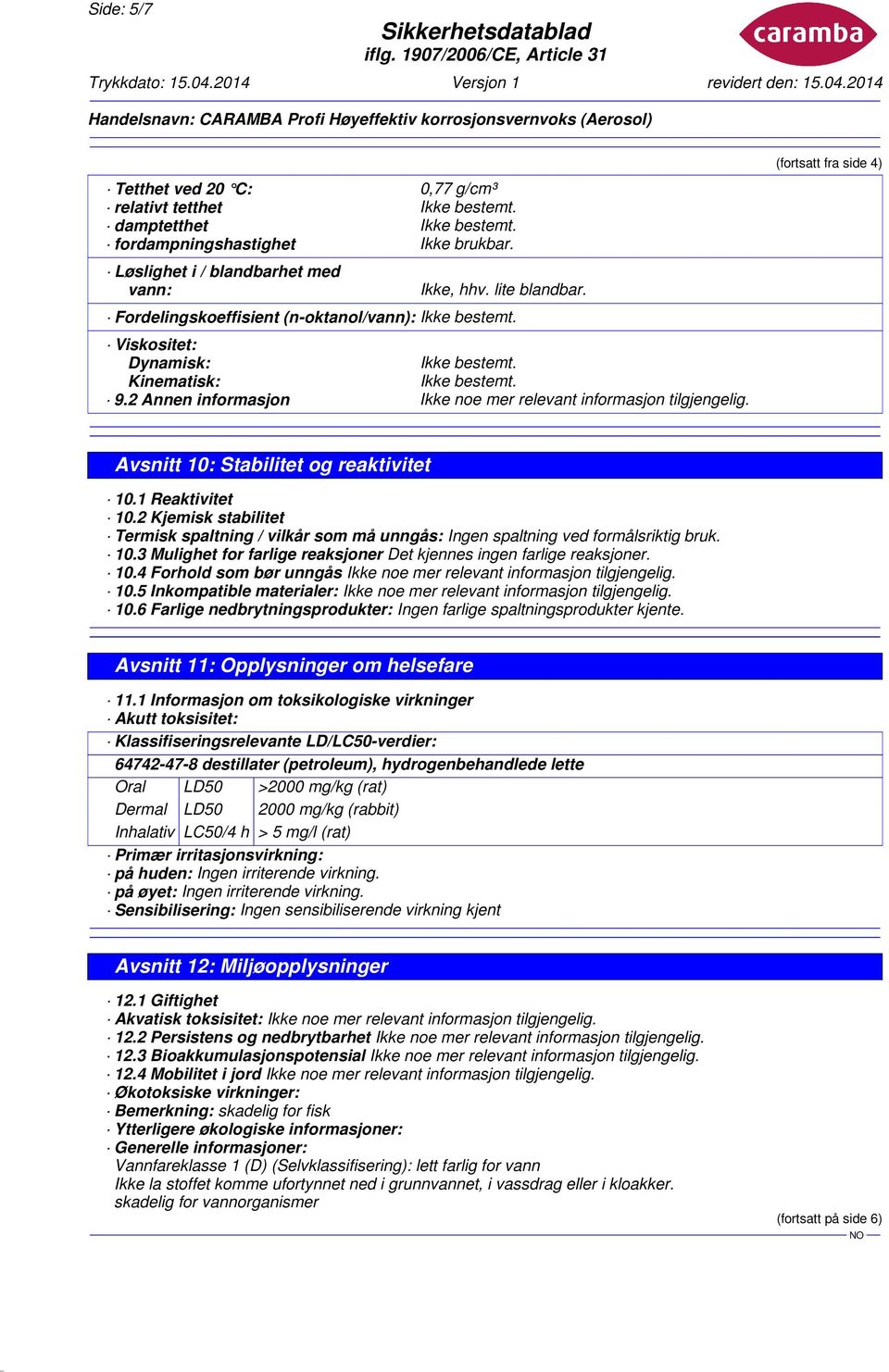 2 Kjemisk stabilitet Termisk spaltning / vilkår som må unngås: Ingen spaltning ved formålsriktig bruk. 10.3 Mulighet for farlige reaksjoner Det kjennes ingen farlige reaksjoner. 10.4 Forhold som bør unngås 10.