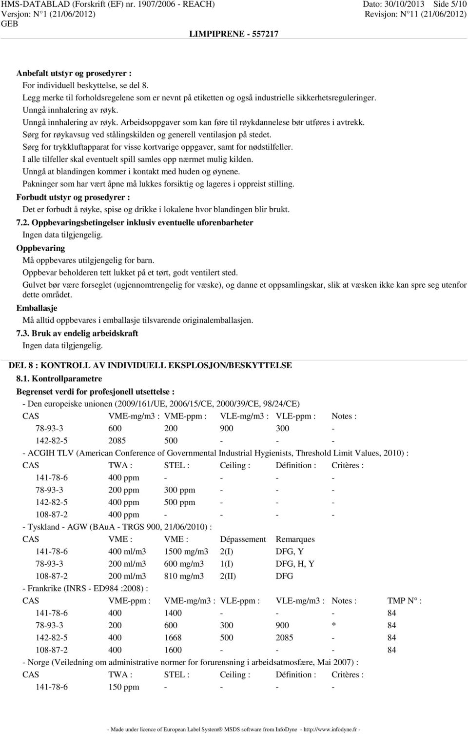 Sørg for røykavsug ved stålingskilden og generell ventilasjon på stedet. Sørg for trykkluftapparat for visse kortvarige oppgaver, samt for nødstilfeller.