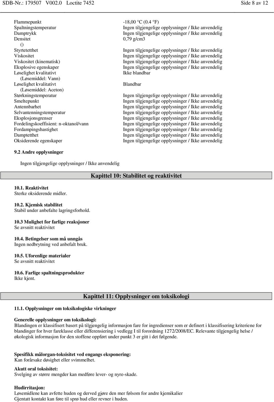 Løselighet kvalitativt (Løsemiddel: ) Størkningstemperatur Smeltepunkt Antennbarhet Selvantenningstemperatur Eksplosjonsgrenser Fordelingskoeffisient: n-oktanol/vann Fordampingshastighet Damptetthet