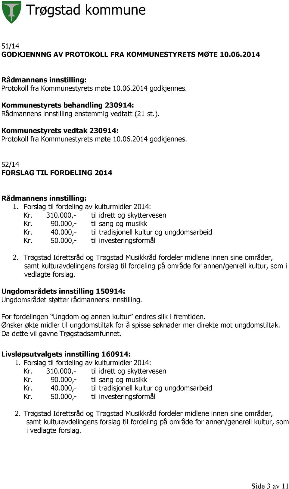 000,- til sang og musikk Kr. 40.000,- til tradisjonell kultur og ungdomsarbeid Kr. 50.000,- til investeringsformål 2.