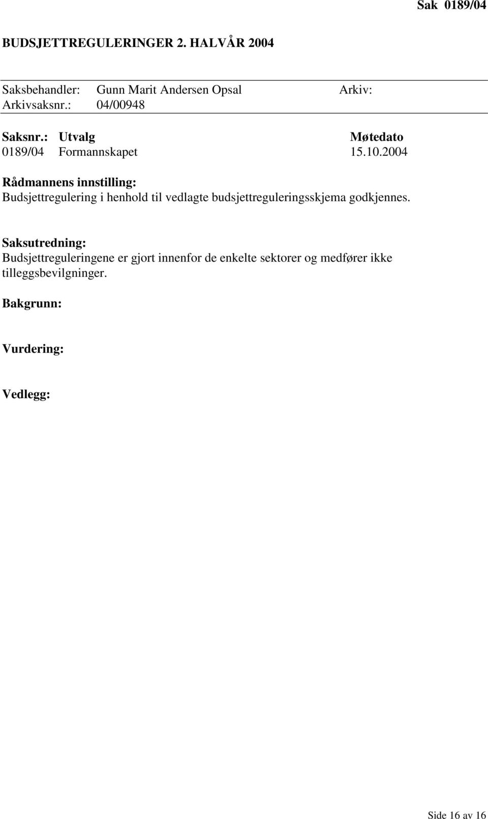 2004 Rådmannens innstilling: Budsjettregulering i henhold til vedlagte budsjettreguleringsskjema godkjennes.