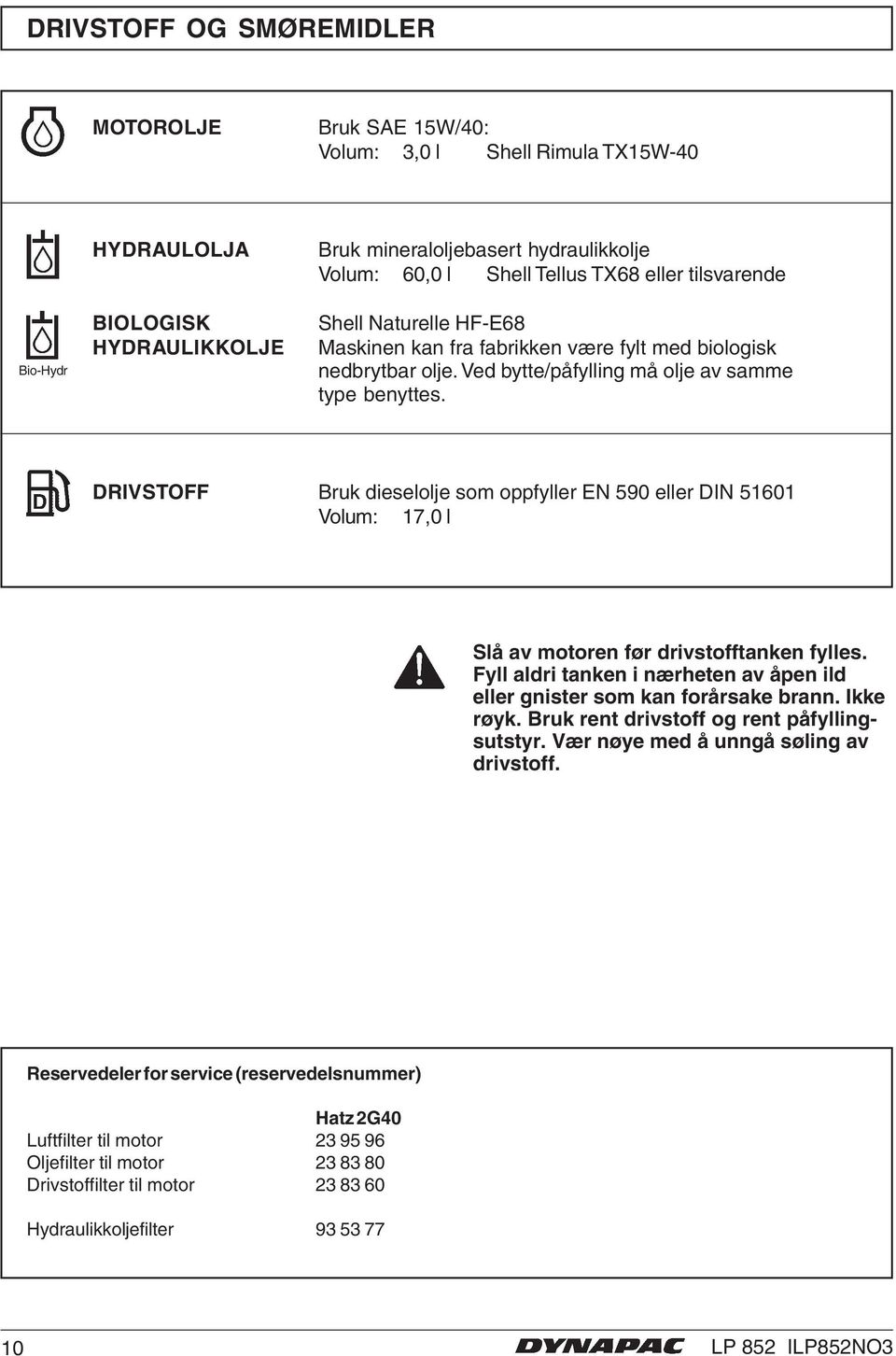 DRIVSTOFF Bruk dieselolje som oppfyller EN 590 eller DIN 51601 Volum: 17,0 l Slå av motoren før drivstofftanken fylles. Fyll aldri tanken i nærheten av åpen ild eller gnister som kan forårsake brann.