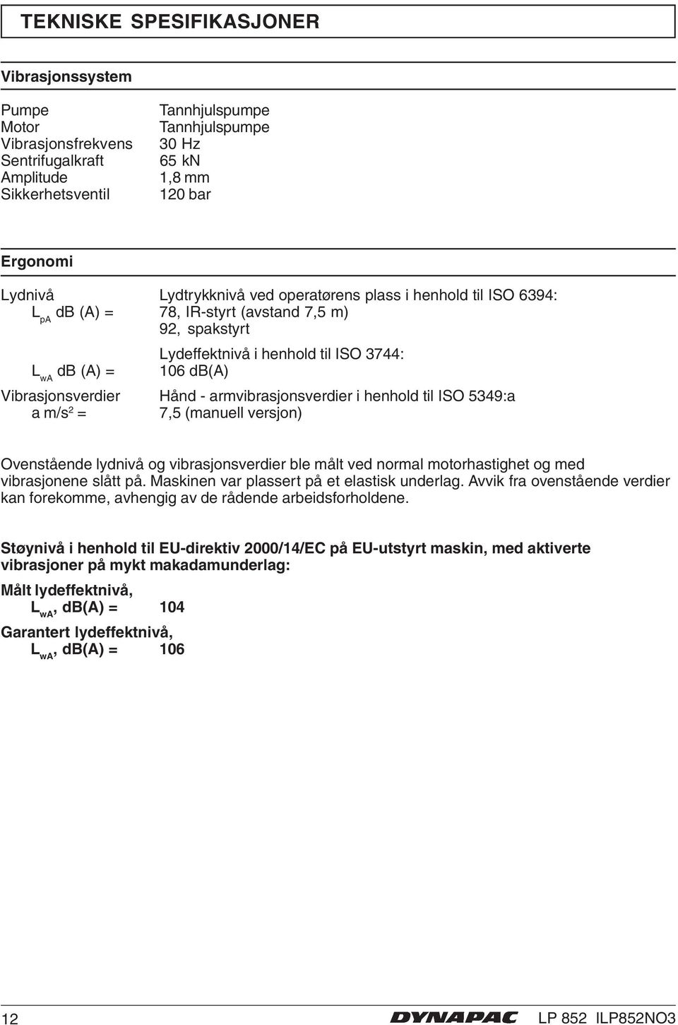 Hånd - armvibrasjonsverdier i henhold til ISO 5349:a a m/s2 = 7,5 (manuell versjon) Ovenstående lydnivå og vibrasjonsverdier ble målt ved normal motorhastighet og med vibrasjonene slått på.