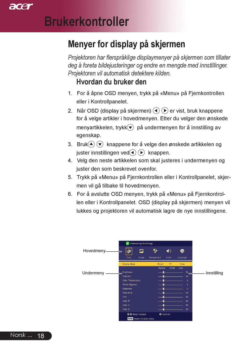 Når OSD (display på skjermen) er vist, bruk knappene for å velge artikler i hovedmenyen. Etter du velger den ønskede menyartikkelen, trykk på undermenyen for å innstilling av egenskap. 3.