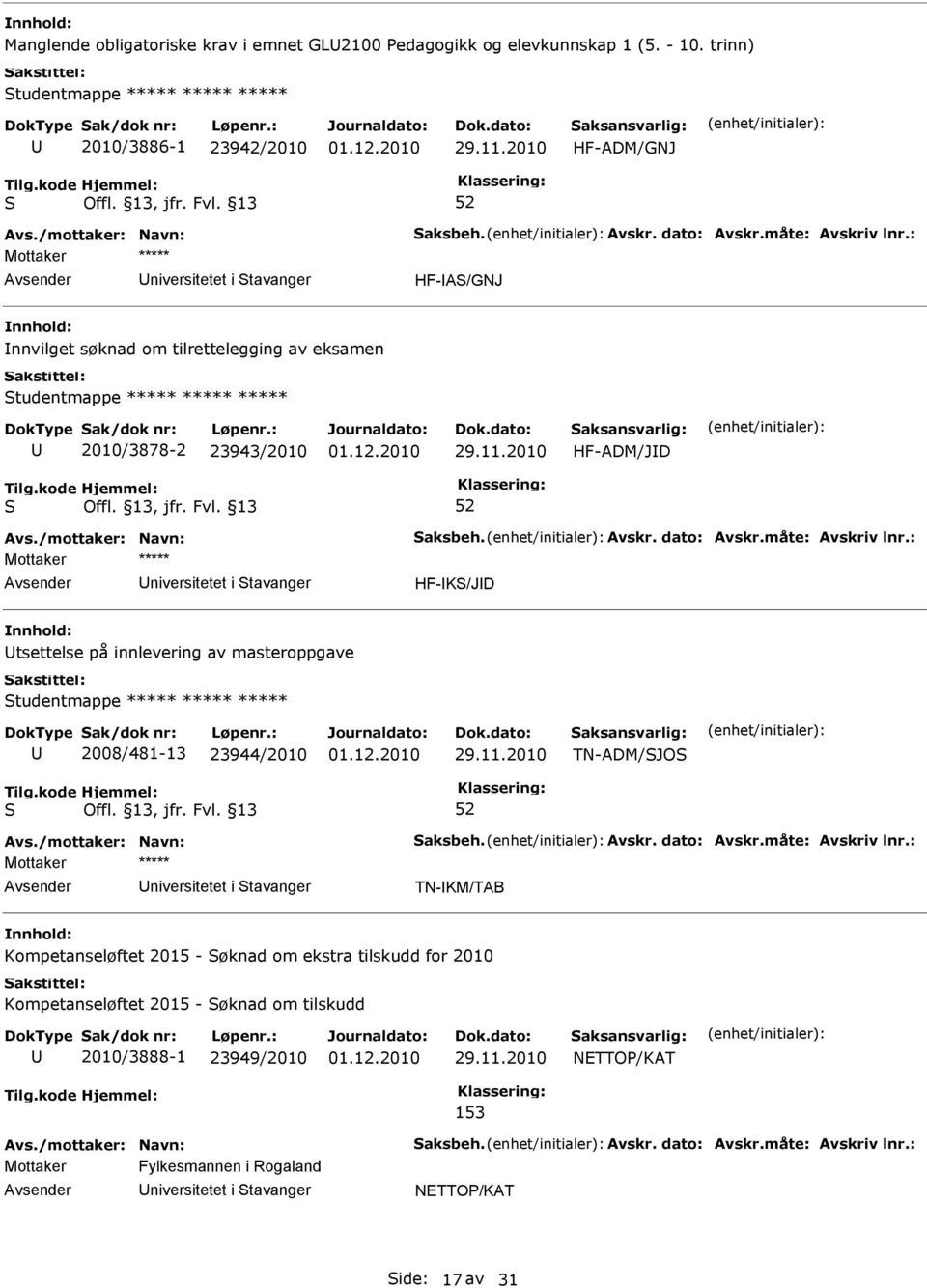 ***** ***** 2010/3878-2 23943/2010 HF-ADM/JD niversitetet i tavanger HF-K/JD tsettelse på innlevering av masteroppgave tudentmappe ***** ***** ***** 2008/481-13