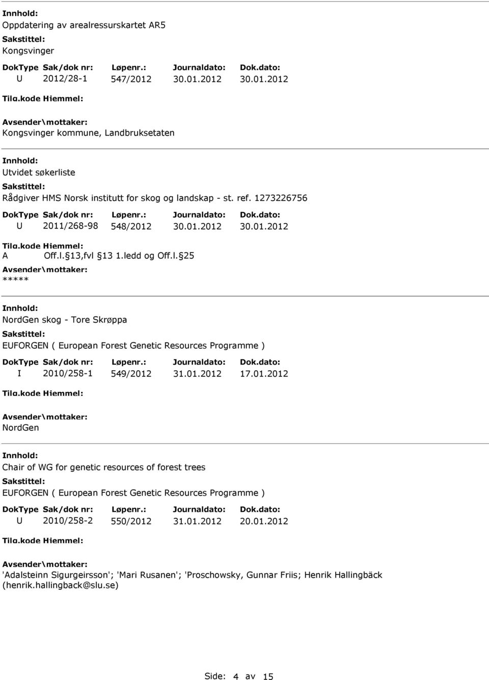 01.2012 NordGen Chair of WG for genetic resources of forest trees EFORGEN ( European Forest Genetic Resources Programme ) 2010/258-2 550/2012 20.01.2012 'Adalsteinn Sigurgeirsson'; 'Mari Rusanen'; 'Proschowsky, Gunnar Friis; Henrik Hallingbäck (henrik.