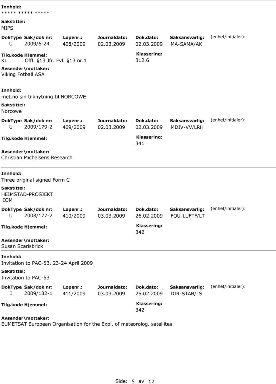 original signed Form C HEMSTAD-PROSJEKT OM 2008/177-2 410/2009 FO-LFTF/LT Susan Scarisbrick nvitation to PAC-53,