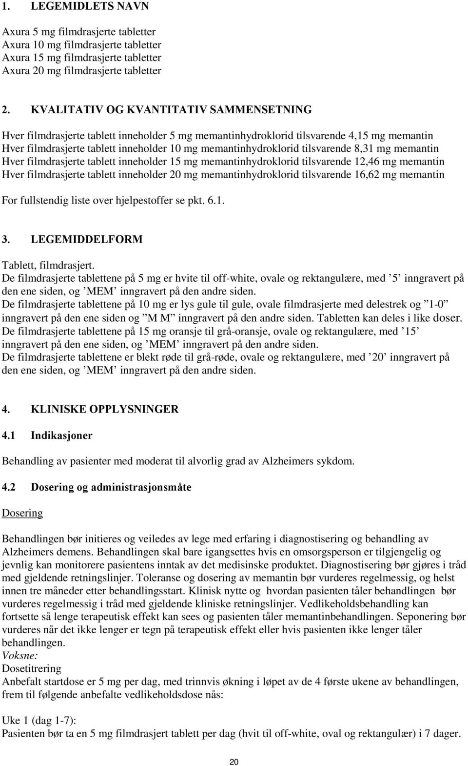 tilsvarende 8,31 mg memantin Hver filmdrasjerte tablett inneholder 15 mg memantinhydroklorid tilsvarende 12,46 mg memantin Hver filmdrasjerte tablett inneholder 20 mg memantinhydroklorid tilsvarende