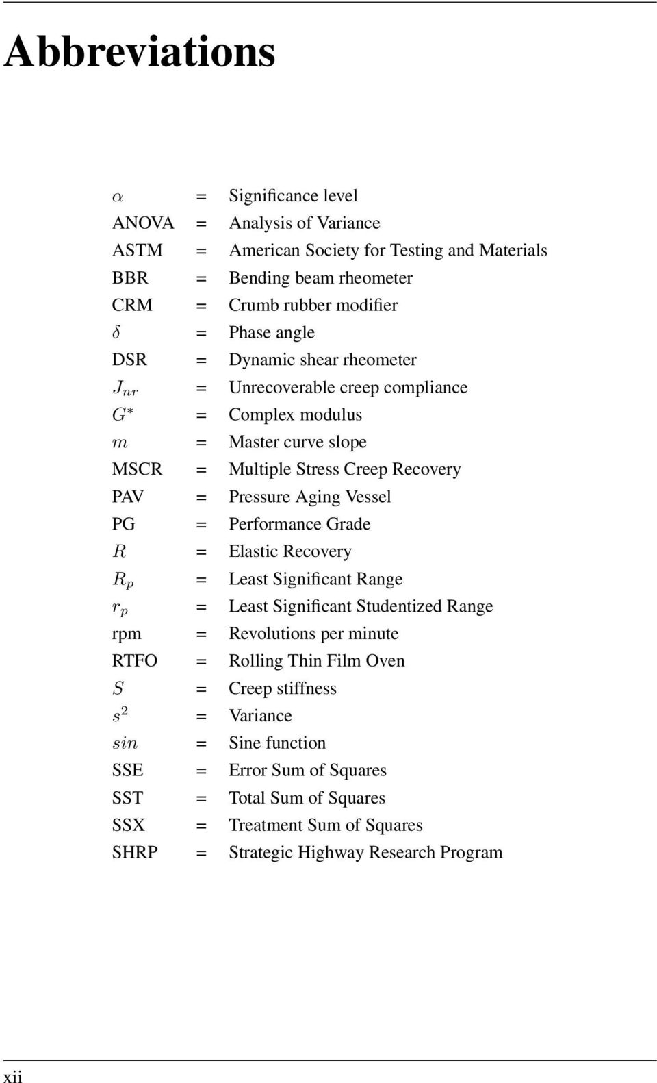 Vessel PG = Performance Grade R = Elastic Recovery R p = Least Significant Range r p = Least Significant Studentized Range rpm = Revolutions per minute RTFO = Rolling Thin Film Oven