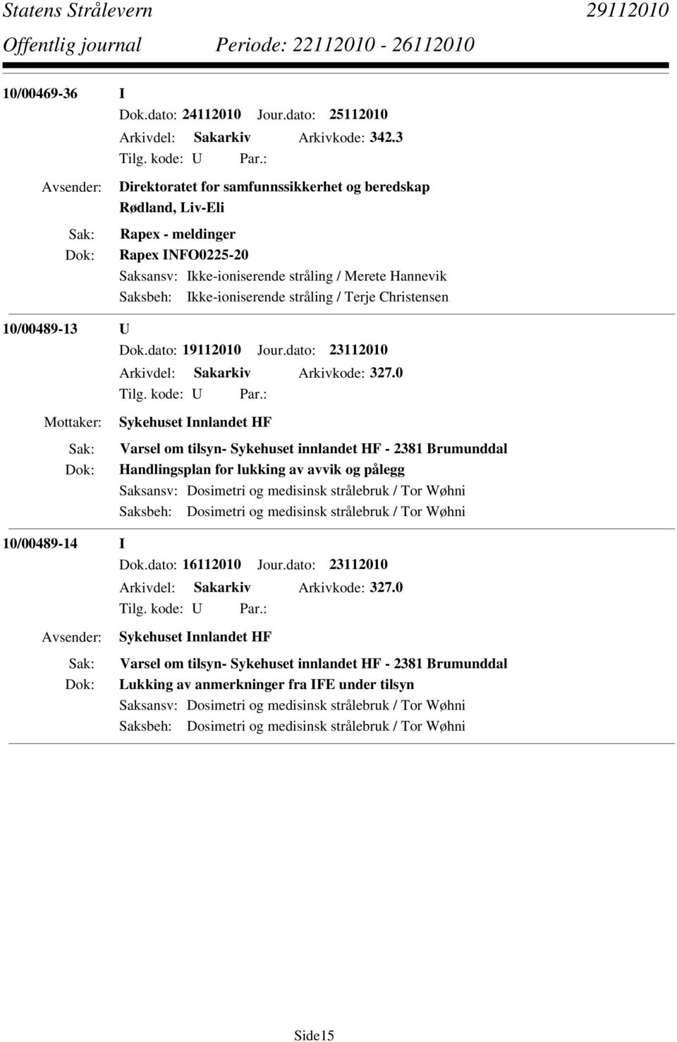 Christensen 10/00489-13 U Dok.dato: 19112010 Jour.dato: 23112010 Arkivdel: Sakarkiv Arkivkode: 327.