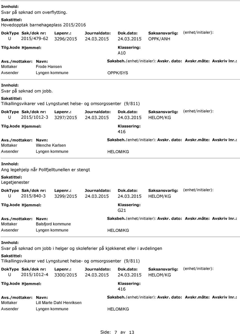 Tilkallingsvikarer ved Lyngstunet helse- og omsorgssenter (9/811) 2015/1012-3 3297/2015 416 Wenche Karlsen ng legehjelp når Pollfjelltunellen