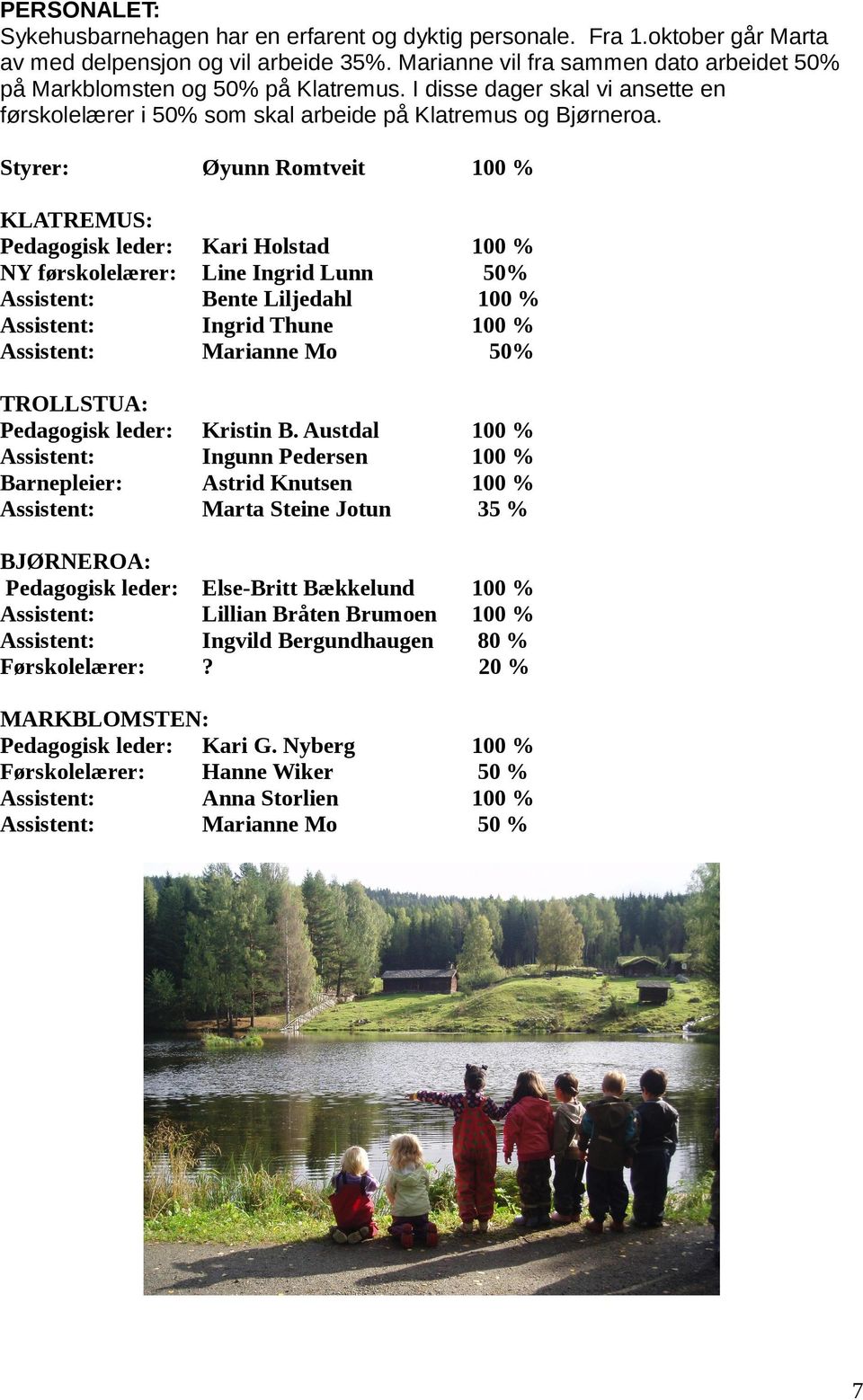 Styrer: Øyunn Romtveit KLATREMUS: Pedagogisk leder: NY førskolelærer: Kari Holstad Line Ingrid Lunn Bente Liljedahl Ingrid Thune Marianne Mo 50% 50% TROLLSTUA: Pedagogisk leder: Barnepleier: Kristin